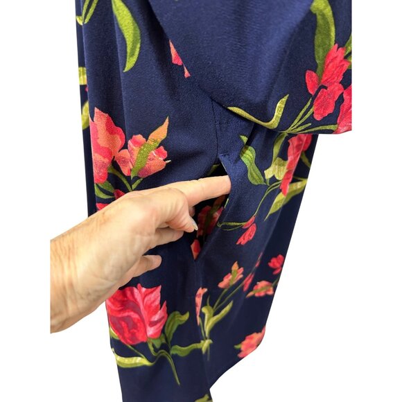 Susan Graver QVC Mini Dress 1XP Navy Floral V-Neck Button Down Slits Pockets - Picture 14 of 14